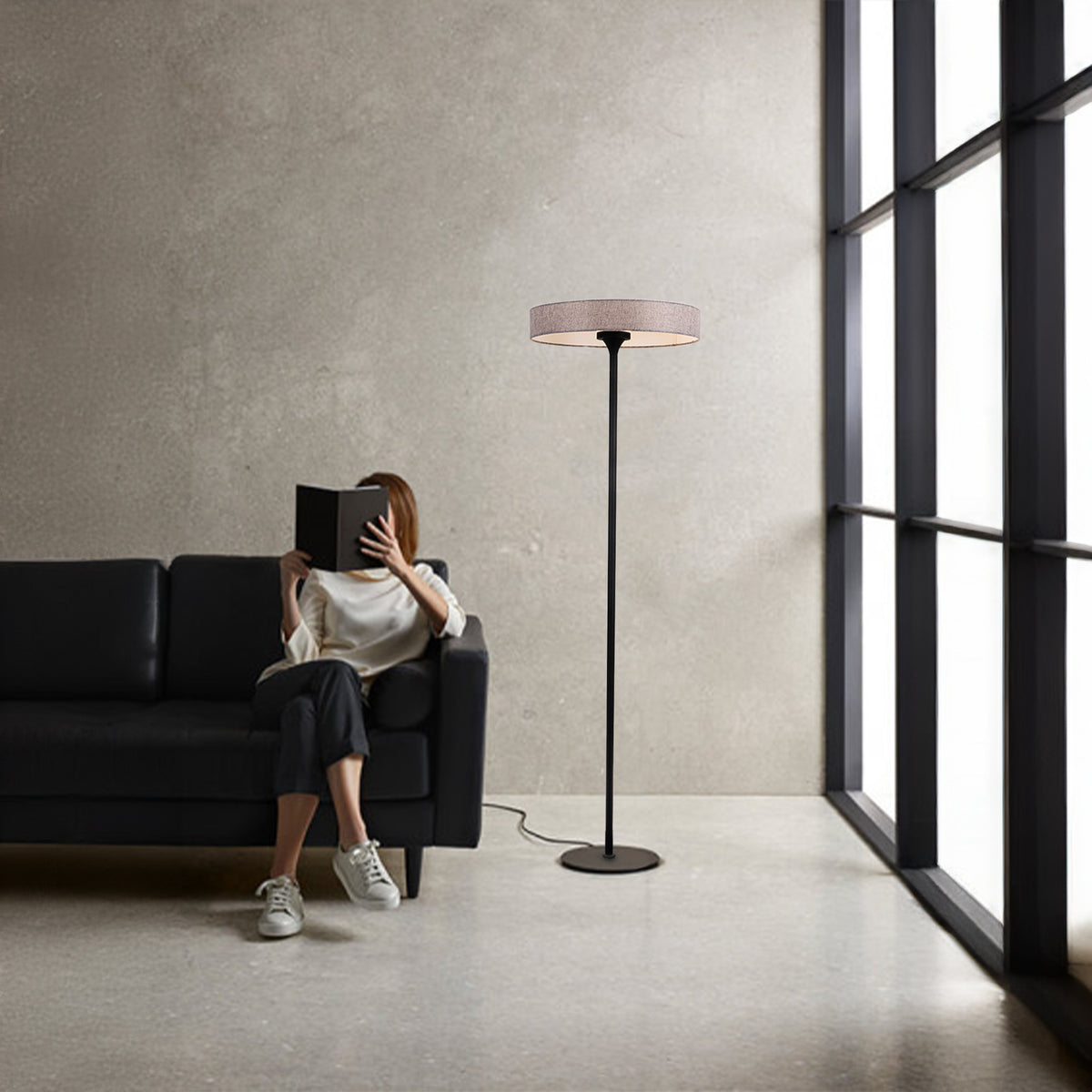 BEACON Crescent LED Floor Lamp with aluminum metal base and fabric shade, modern crescent design for living room lighting.