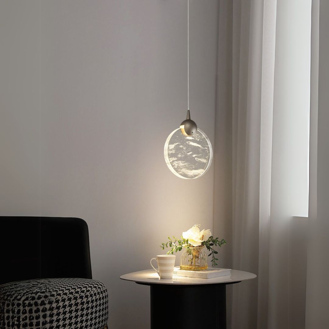 Crystal arc pendant lamp by BEACON, featuring a sleek glass design perfect for modern interior lighting.