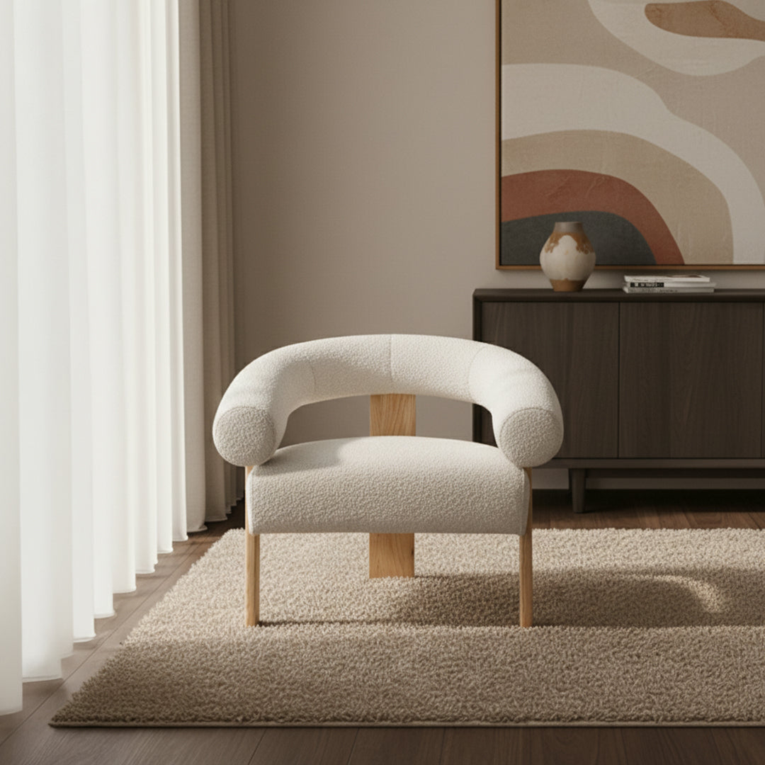 Display of a SAGEBROOK HOME curved-back wishbone chair with brown legs and oak finish, showcasing its elegant design and craftsmanship.