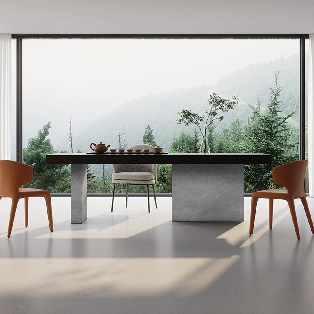 Dark Emperador rectangular dining table by BEACON, featuring a sleek marble surface and sturdy wooden legs.