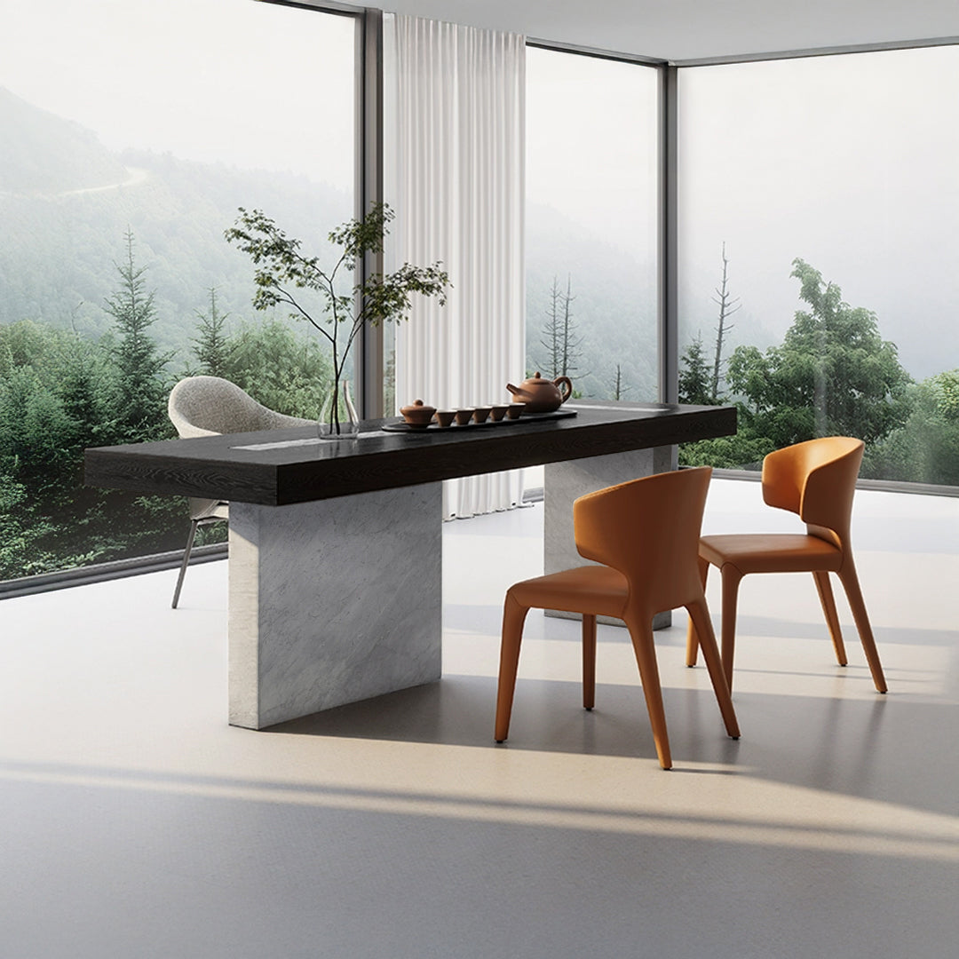 Dark Emperador rectangular dining table by BEACON, featuring a sleek wood finish and sturdy design for elegant dining spaces.