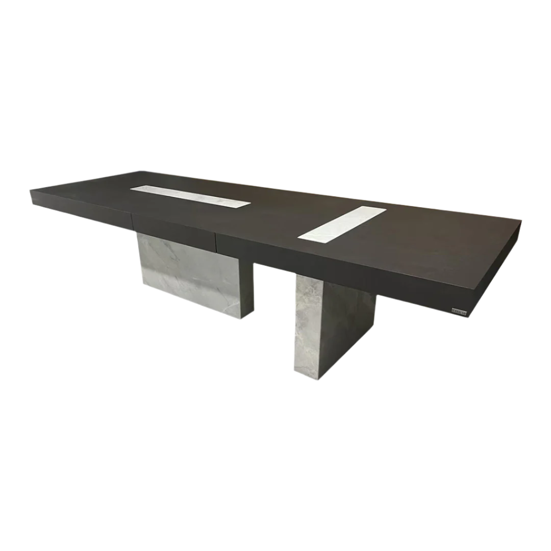 Dark Emperador rectangular dining table by BEACON, modern wood table with sleek dark stone finish for dining room decor.