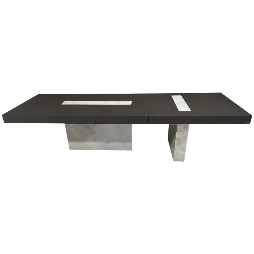 Dark Emperador rectangular dining table by BEACON with sleek wood finish, ideal for modern dining rooms.