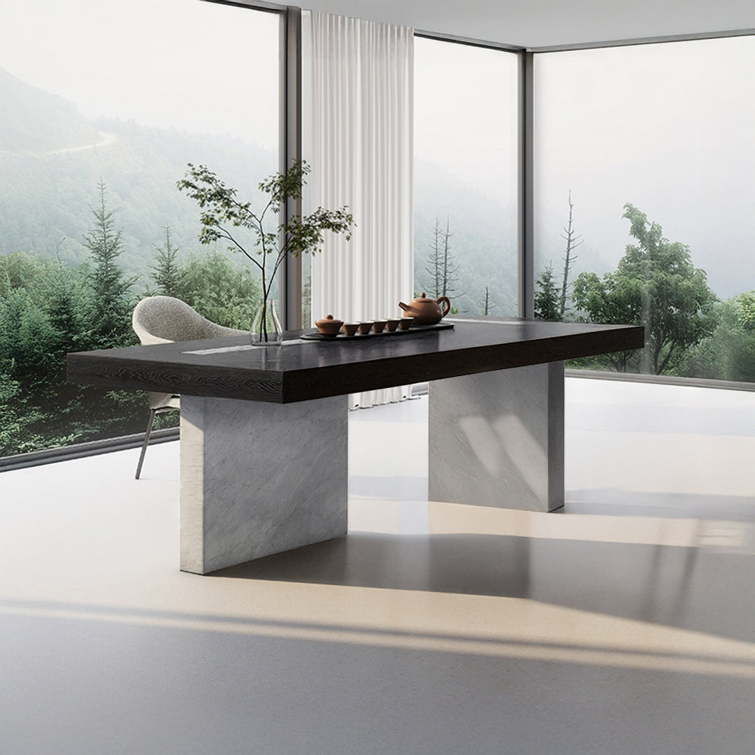 Dark Emperador rectangular dining table by BEACON, with a polished marble surface and sturdy wooden legs for elegant dining.