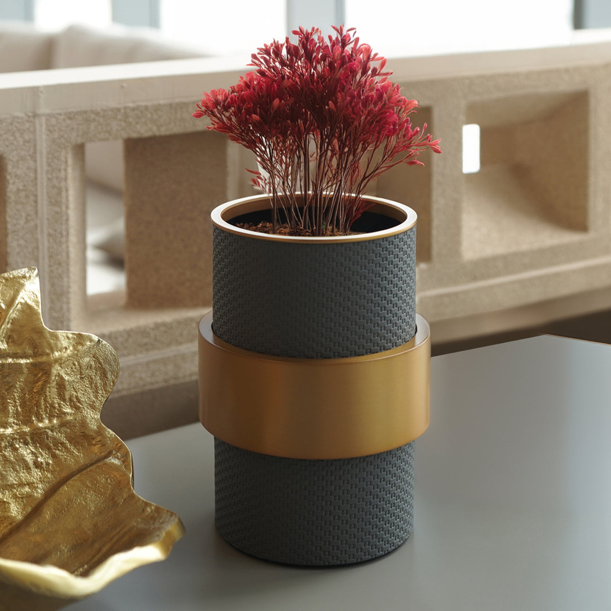Dark grey Anqitu flower vase by Beacon, elegant ceramic vase with a smooth finish and modern design.