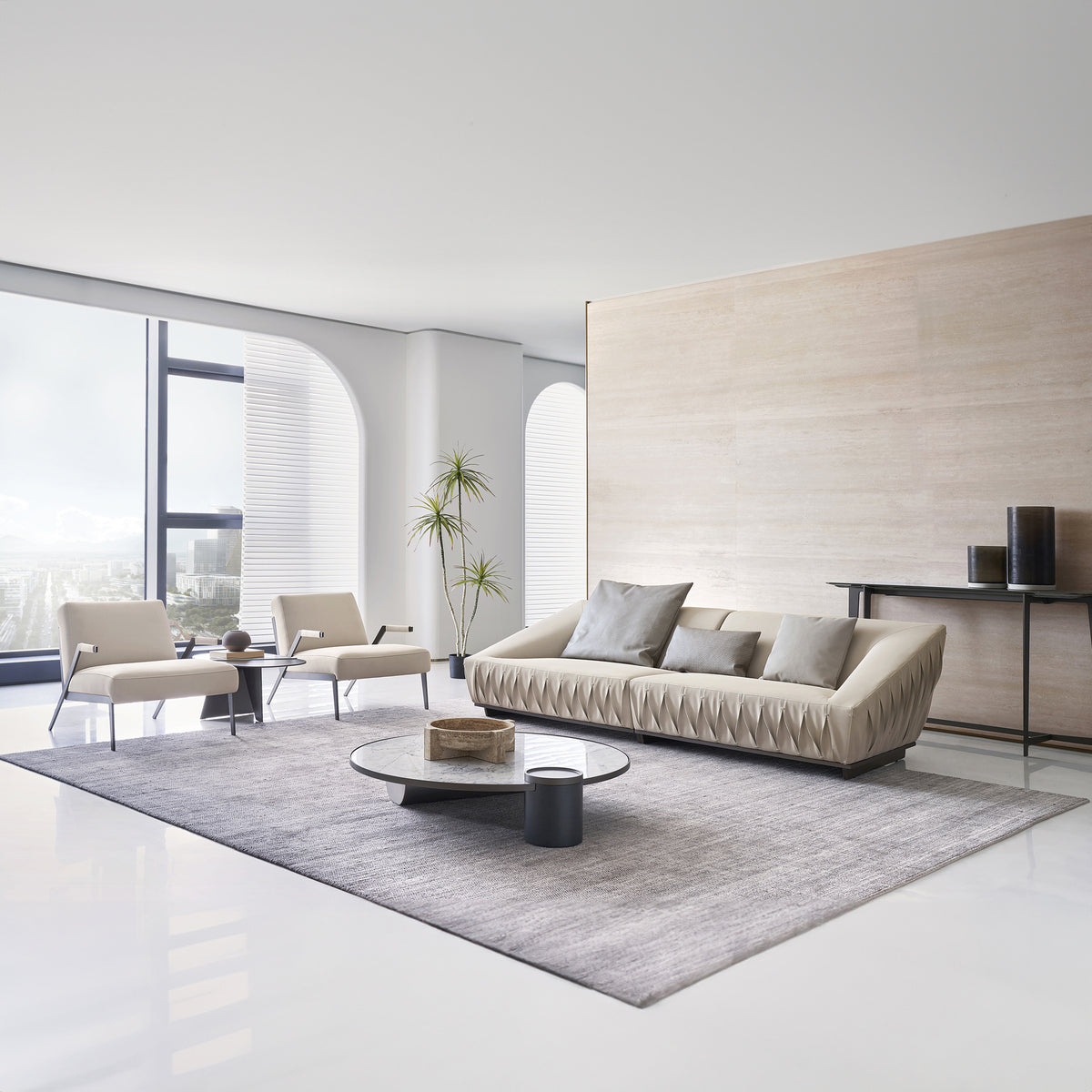 Desert beige leather lounge chair by BEACON, modern design with plush cushions and sleek wooden legs.