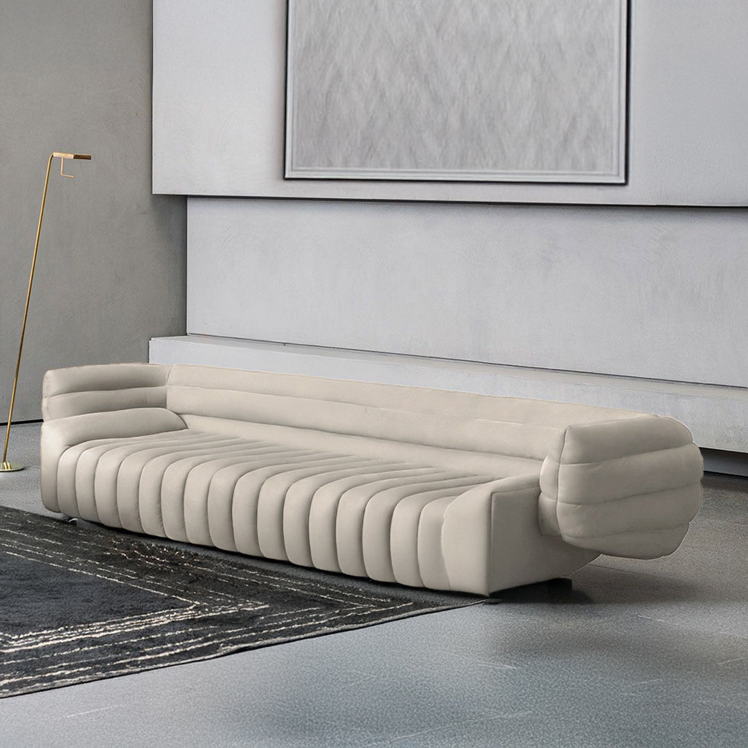 Desert beige leather sofa from BEACON, modern 3-seater with plush cushions and sleek design, ideal for contemporary living rooms.