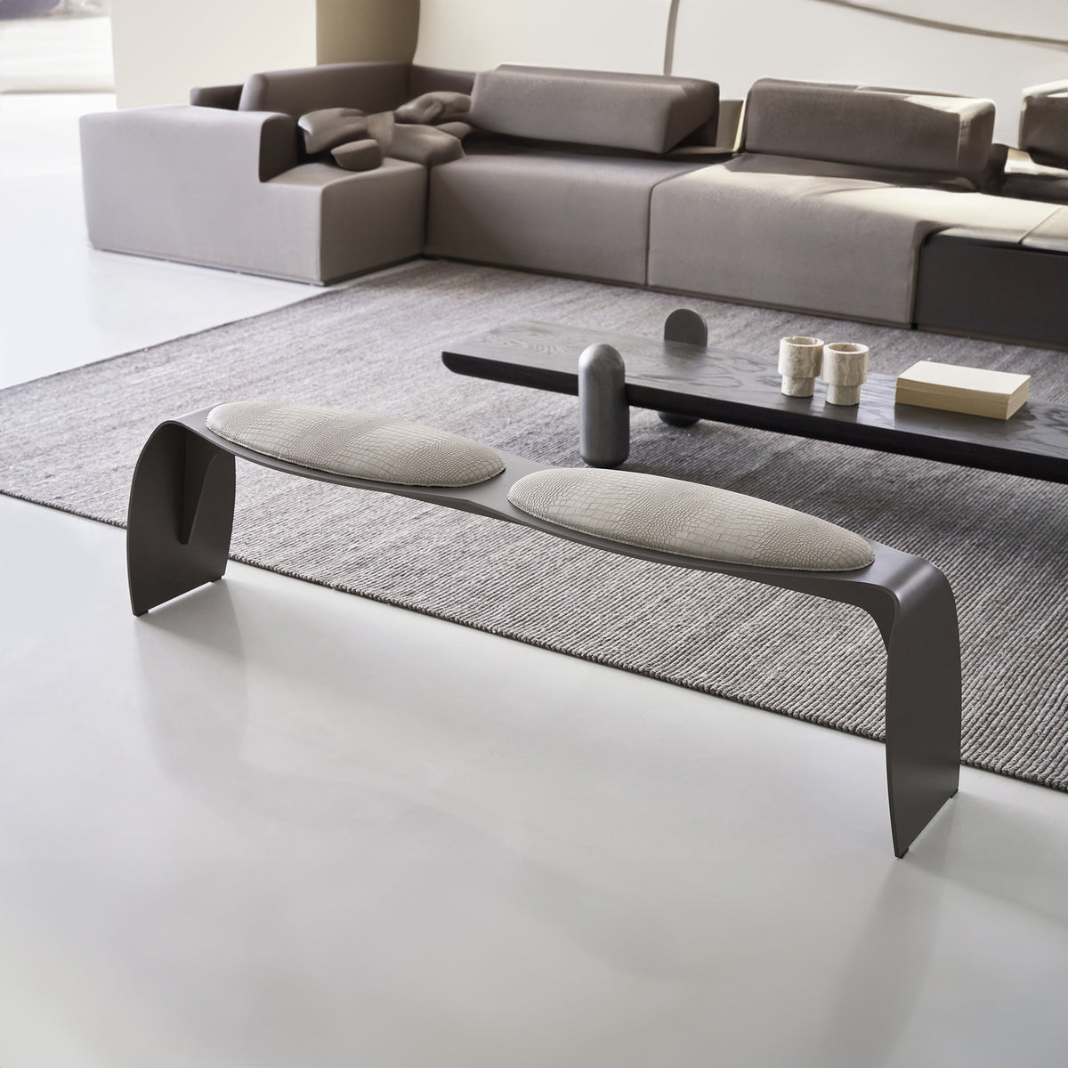 Desert Crocodile Bench by BEACON, modern wooden bench with textured crocodile pattern in a desert color finish.