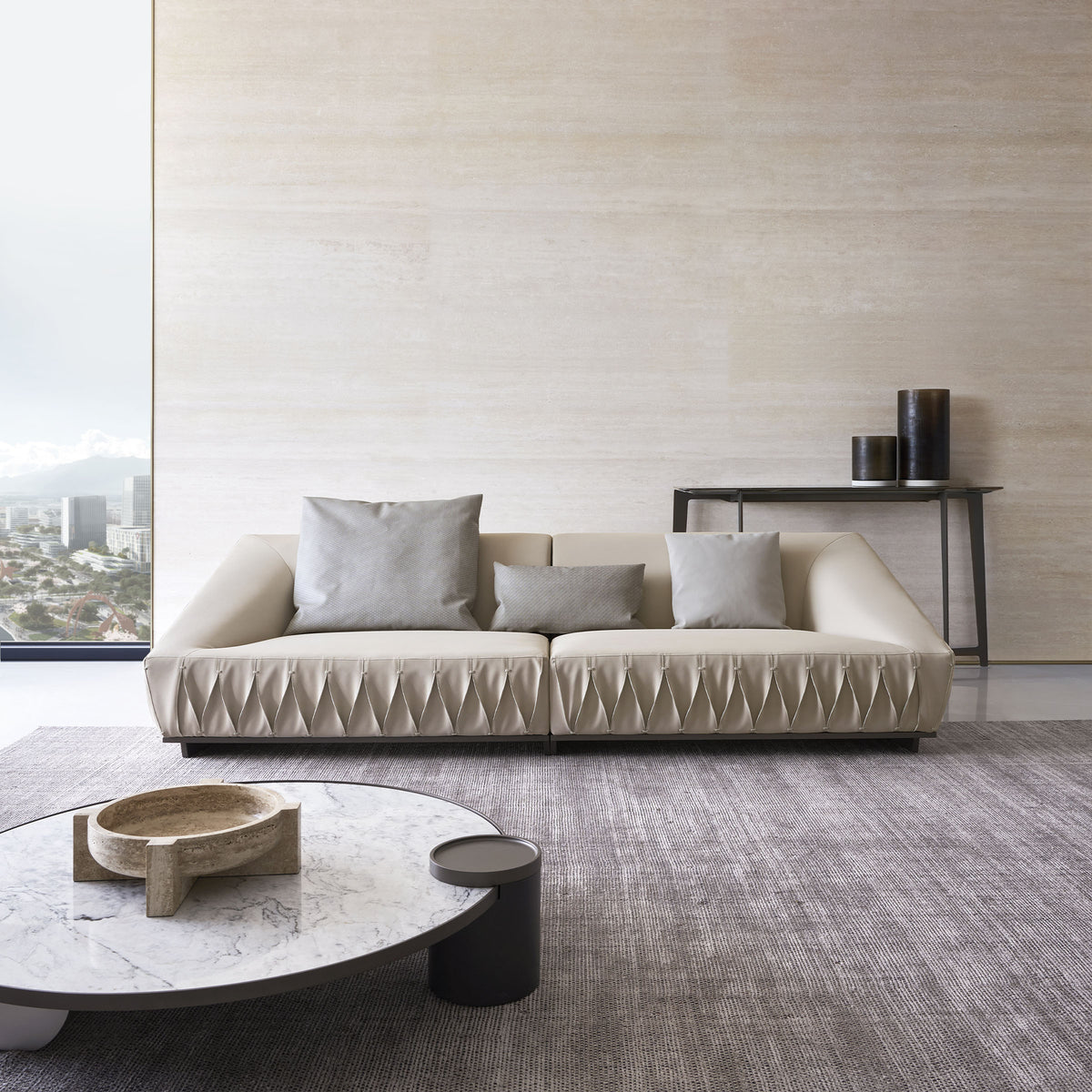 Desert marble coffee table by BEACON with a sleek, modern design and smooth surface in a contemporary living room setting.