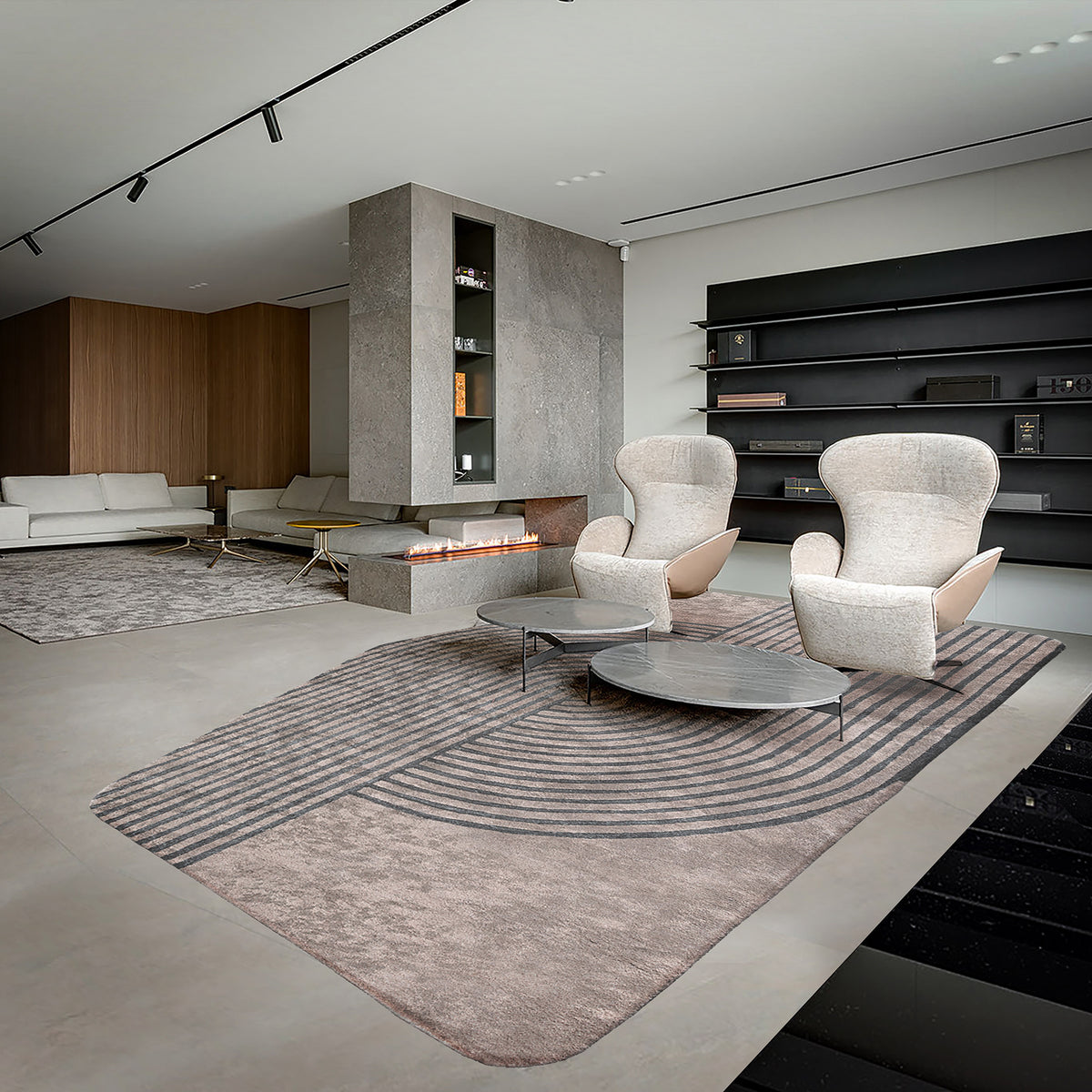 Display of a 450x300 cm wool beige and brown rug by Javi, showcasing intricate patterns and soft textures.