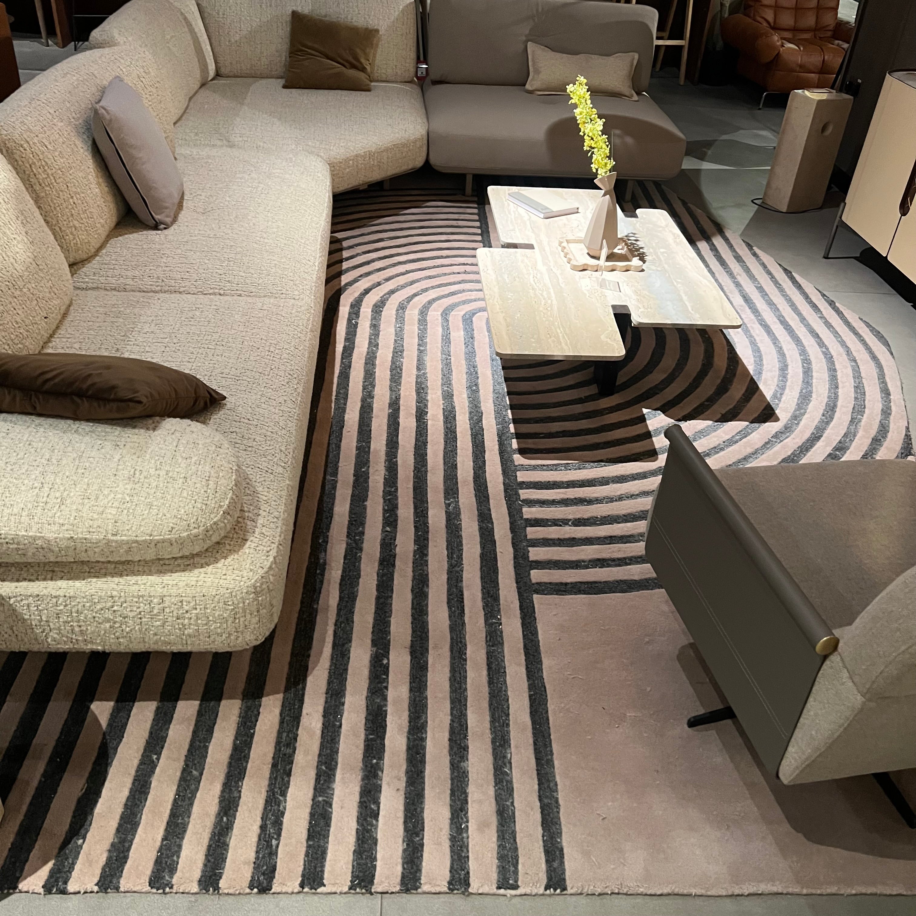 Display of a 450x300 cm wool beige and brown rug by Javi, with intricate patterns, from Nakheel JH-22731 collection.