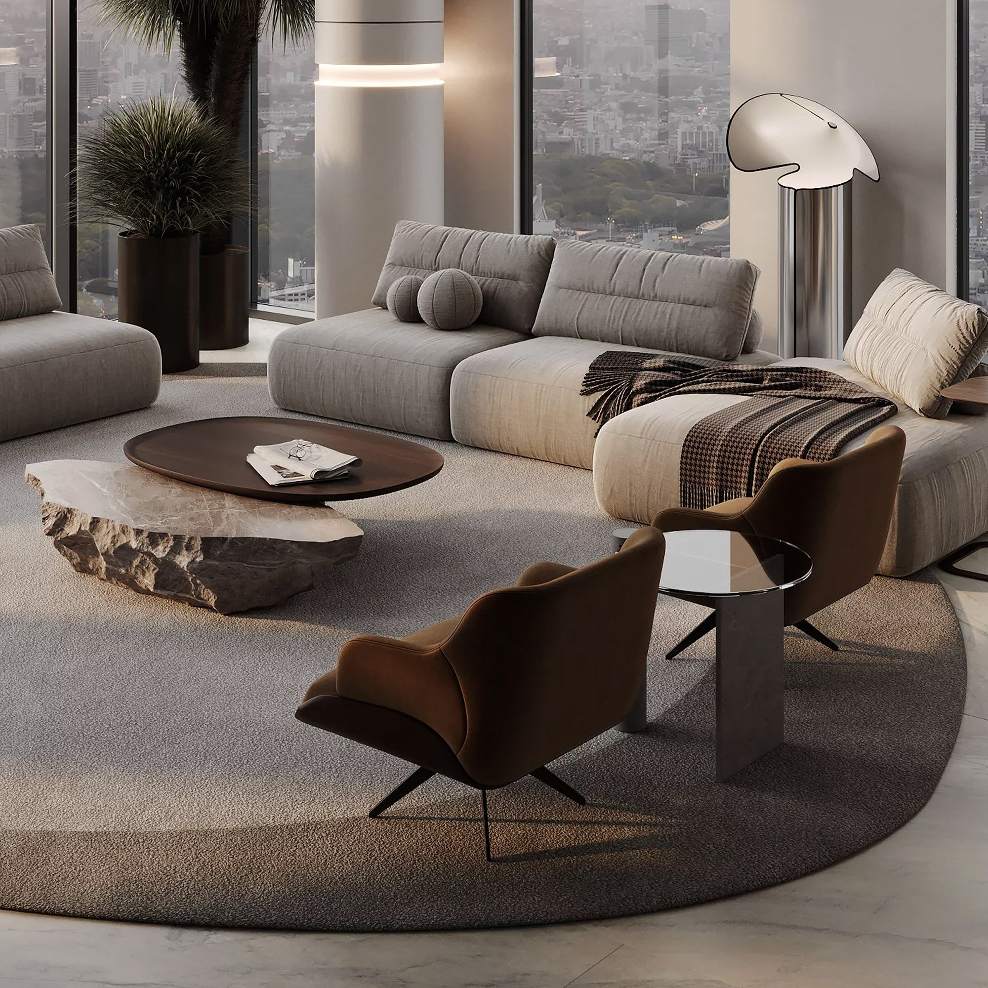 Round beige and brown wool rug with a subtle pattern, displayed flat, size 500x350 cm, Javi Nakheel JH-22729.