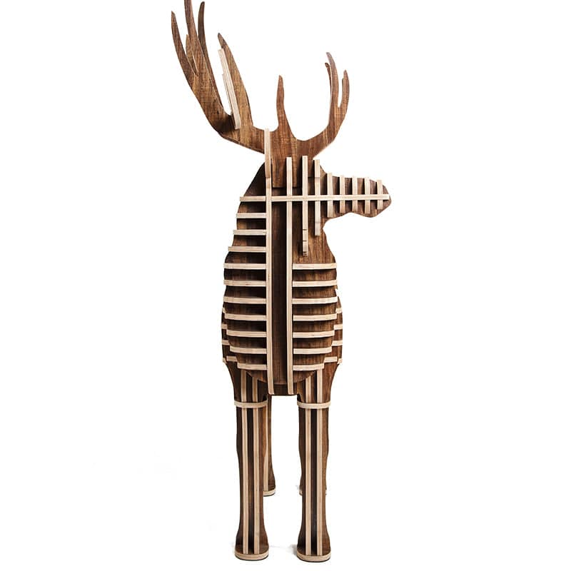 Wooden deer-shaped shelving unit by BEACON, featuring rustic wood crafts for decorative home organization.