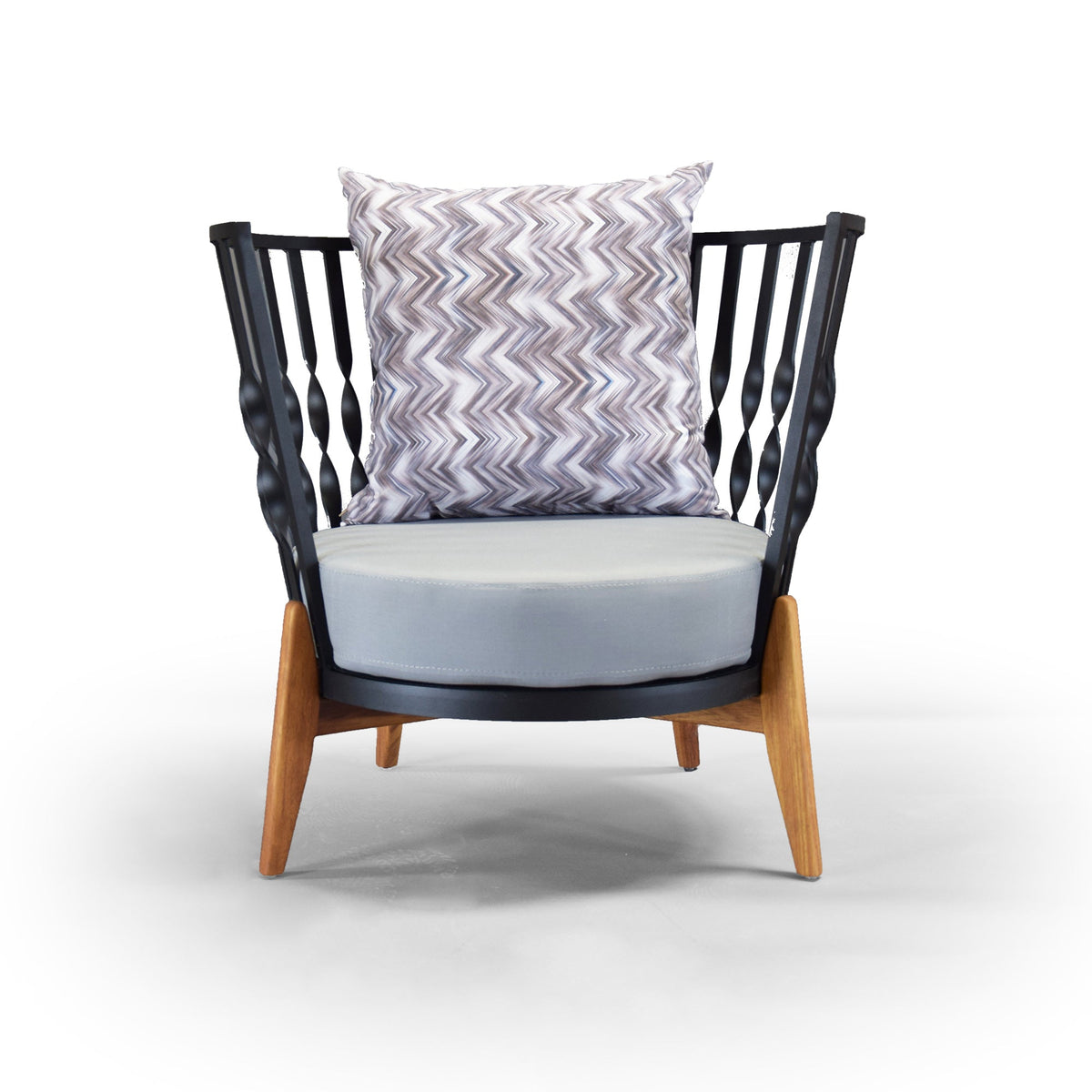 Display of the SANCREA Captiva outdoor armchair with woven rattan design and plush cushions, perfect for patio relaxation.