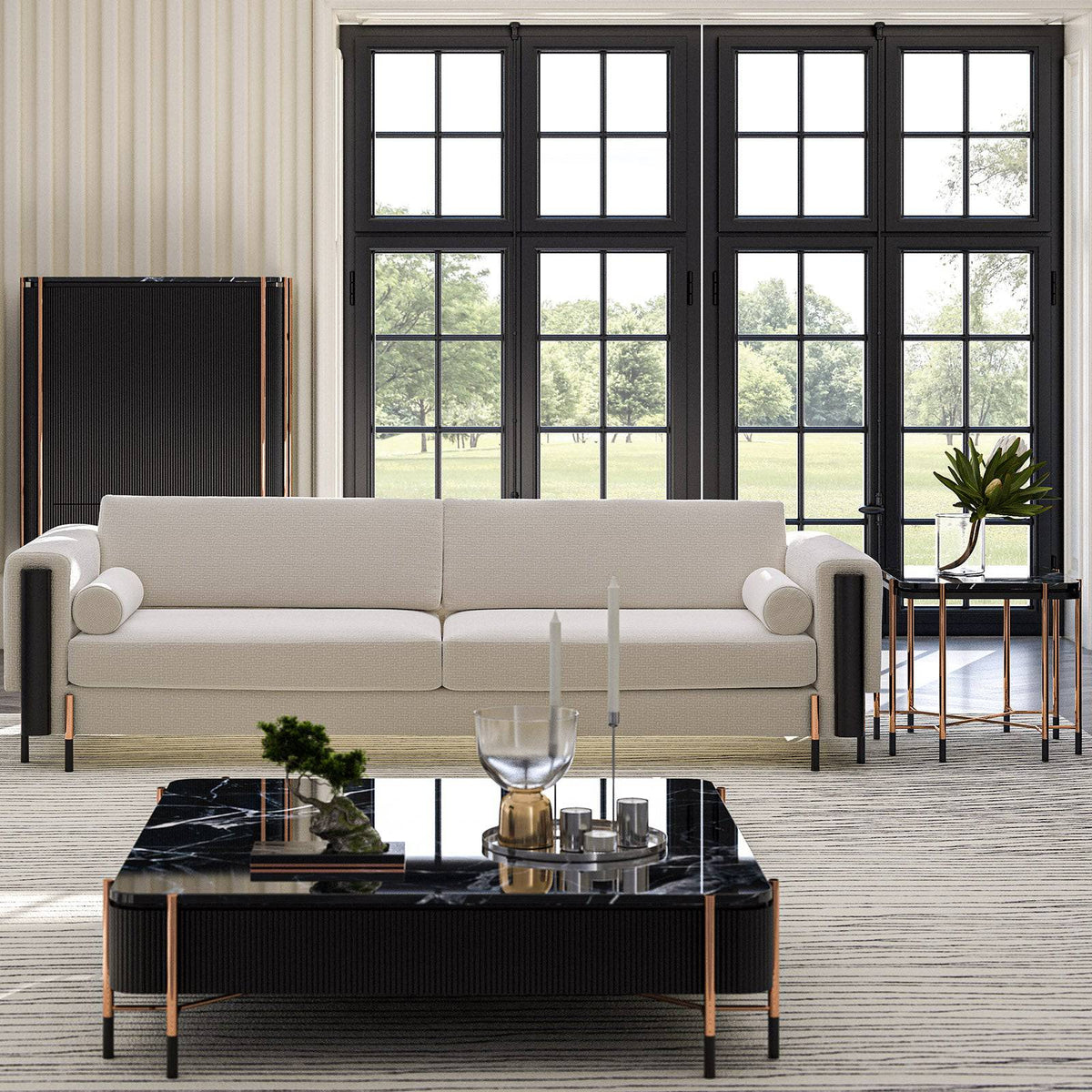 Display item: Dali Center Table with glass top from LODA FURNITURE, modern design, showcasing a sleek glass surface and wooden base.