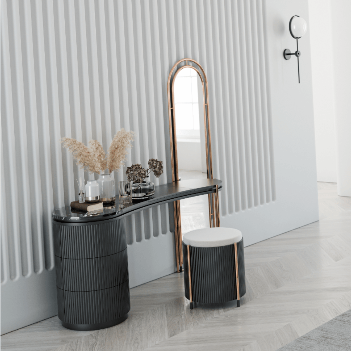 Display of Dali marble dresser with matching mirror by LODA Furniture, showcasing elegant design and marble finish.