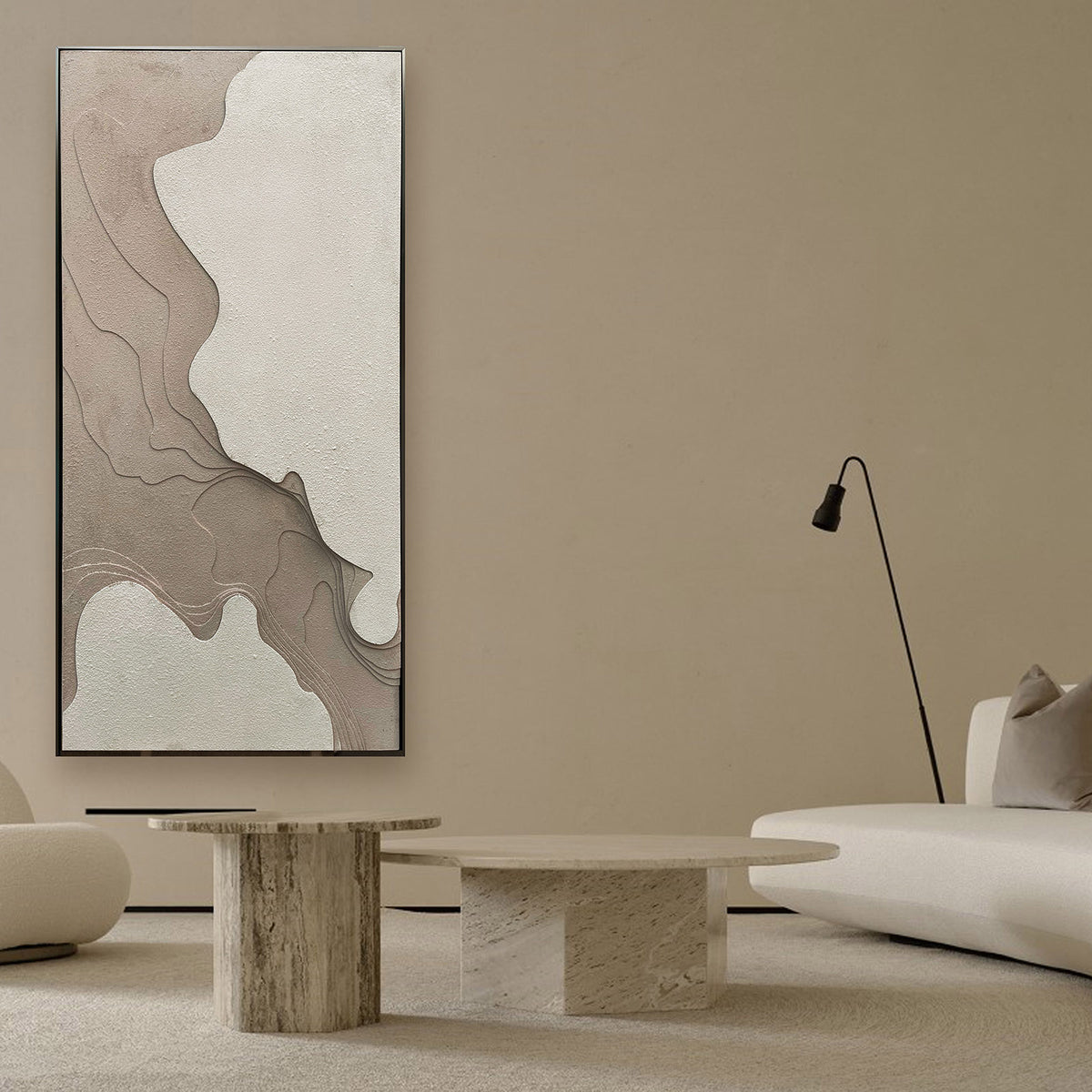 BEACON wood curved painting titled "Echoes of Earth" 160x80cm, featuring natural earthy tones and abstract design.