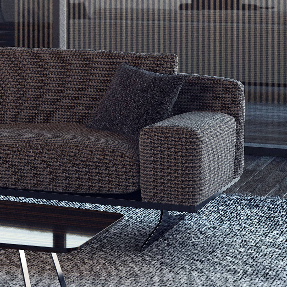 Elegant NILLS Furniture Design armchair with plush fabric upholstery and stylish wooden legs, displayed as a decorative piece.