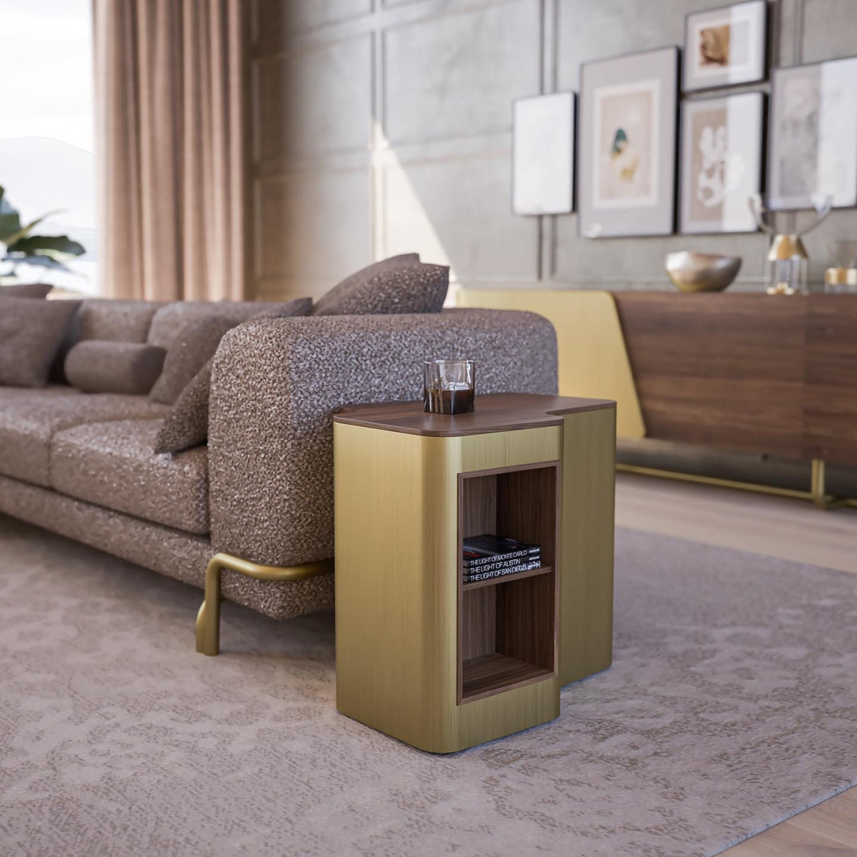 Giallo Gold side table by LODA Furniture, sleek modern design with a glossy finish, displayed as a stylish accent piece.