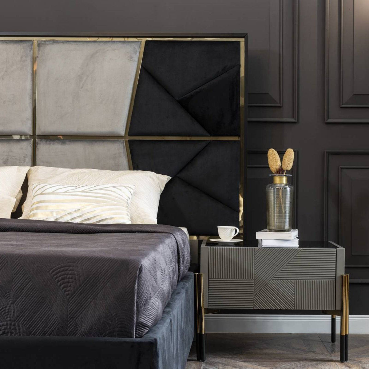 Grey dresser and matching mirror by YOL LIVING, modern furniture piece with sleek design, displayed in a contemporary setting.