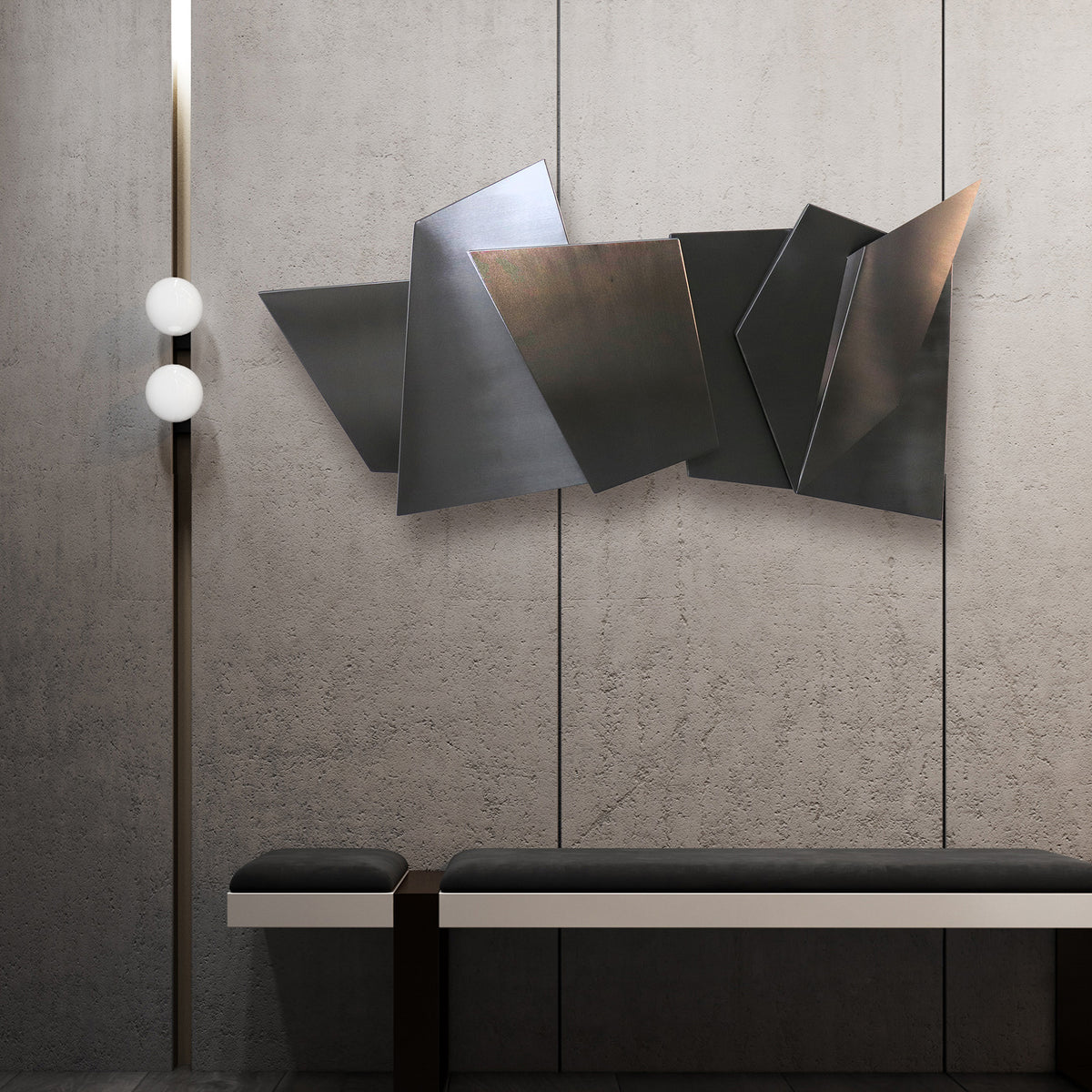 Handcrafted stainless steel artwork Nakheel display item by Beacon, featuring intricate design and polished metal surface.