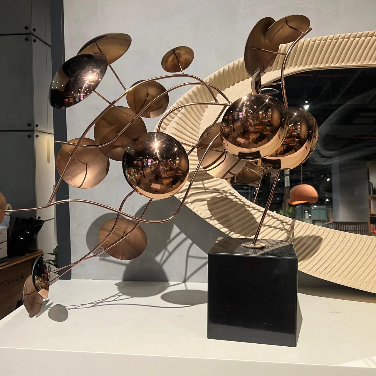 Display item featuring a handcrafted stainless steel table artwork of a life branch, designed by Beacon (BZDG).