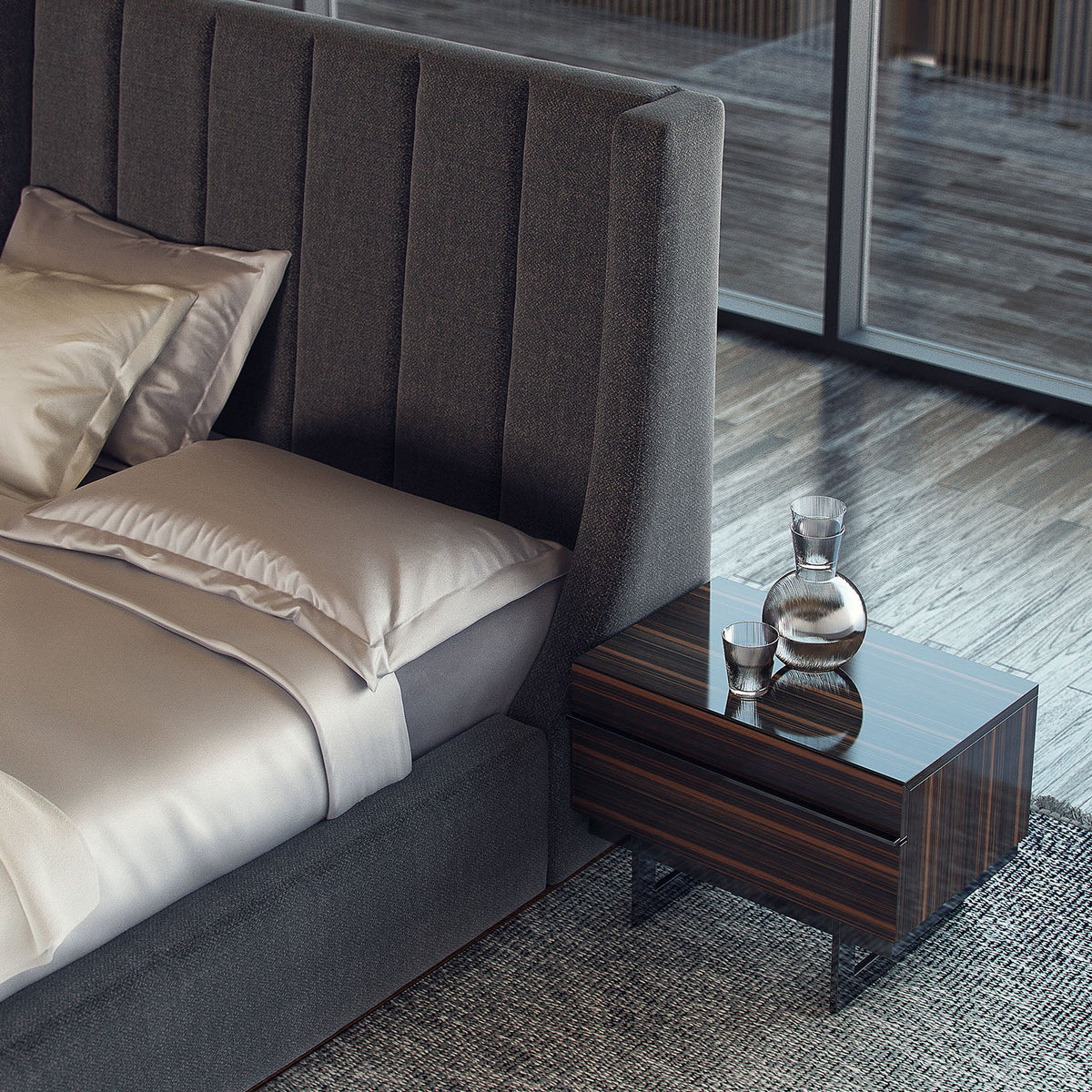 Prada Elegant Bedroom Set display item by NILLS Furniture Design, showcasing a luxurious bed with matching nightstands and decor.