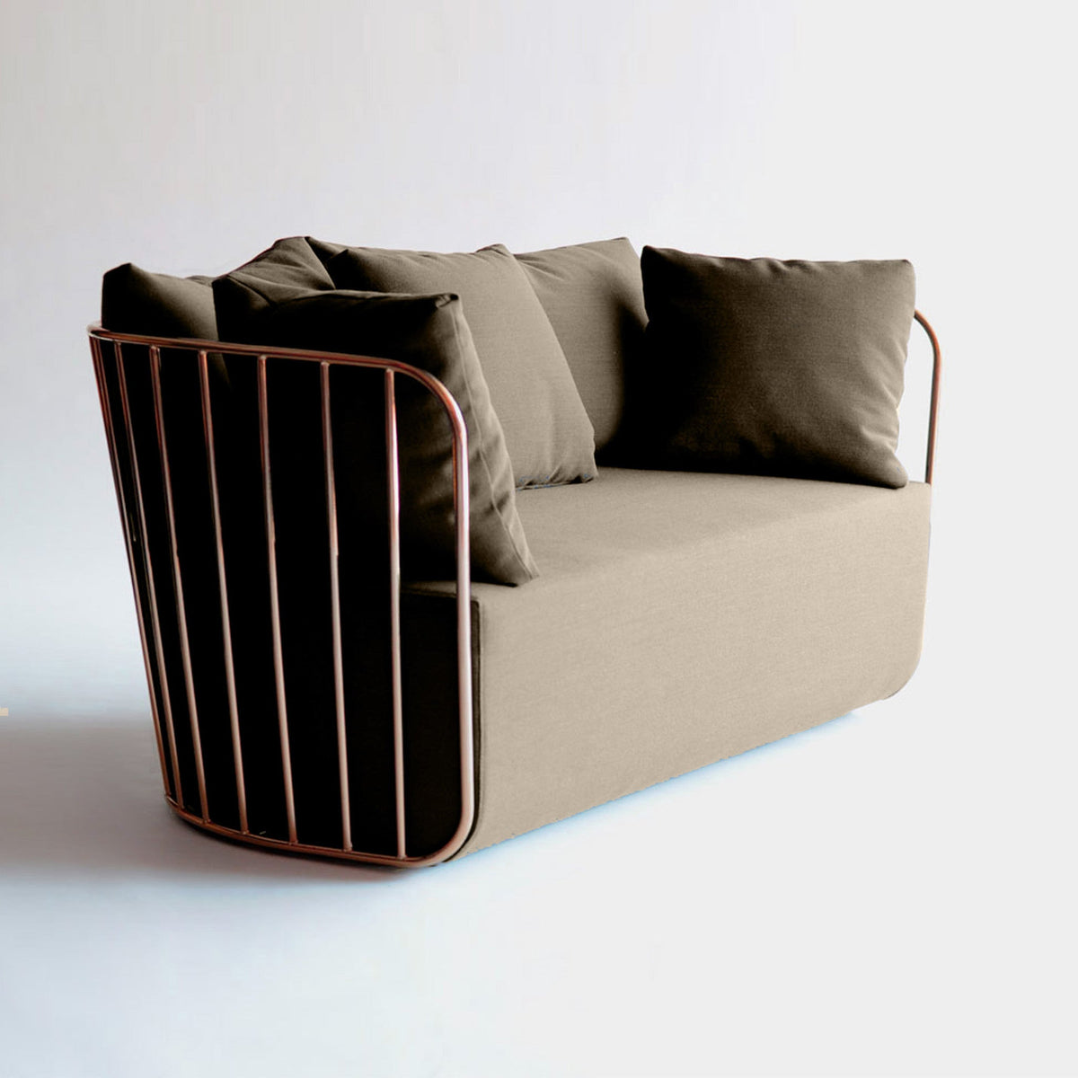 Stainless steel Torino armchair by BEACON with modern design, displayed on a stand, showcasing sleek armrest and contemporary style.