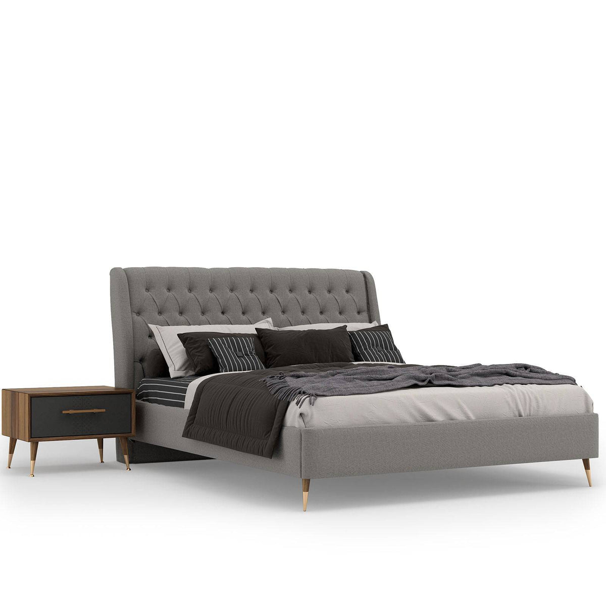 Display piece showing the Alvin full bed set by Nills Furniture Design, featuring modern bedding and bedroom decor.