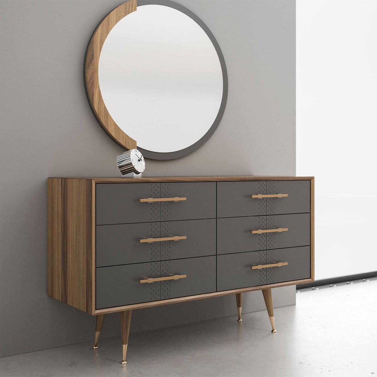 Display piece of the Alvin full bed set by Nills Furniture Design, showing the bed's headboard and mattress in a bedroom display.