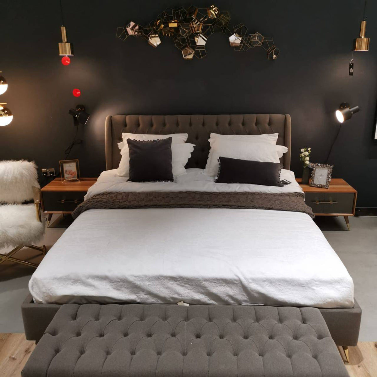 Display piece of the Alvin full bed set by NILLS Furniture Design, showcasing the bed frame and bedding arrangement.