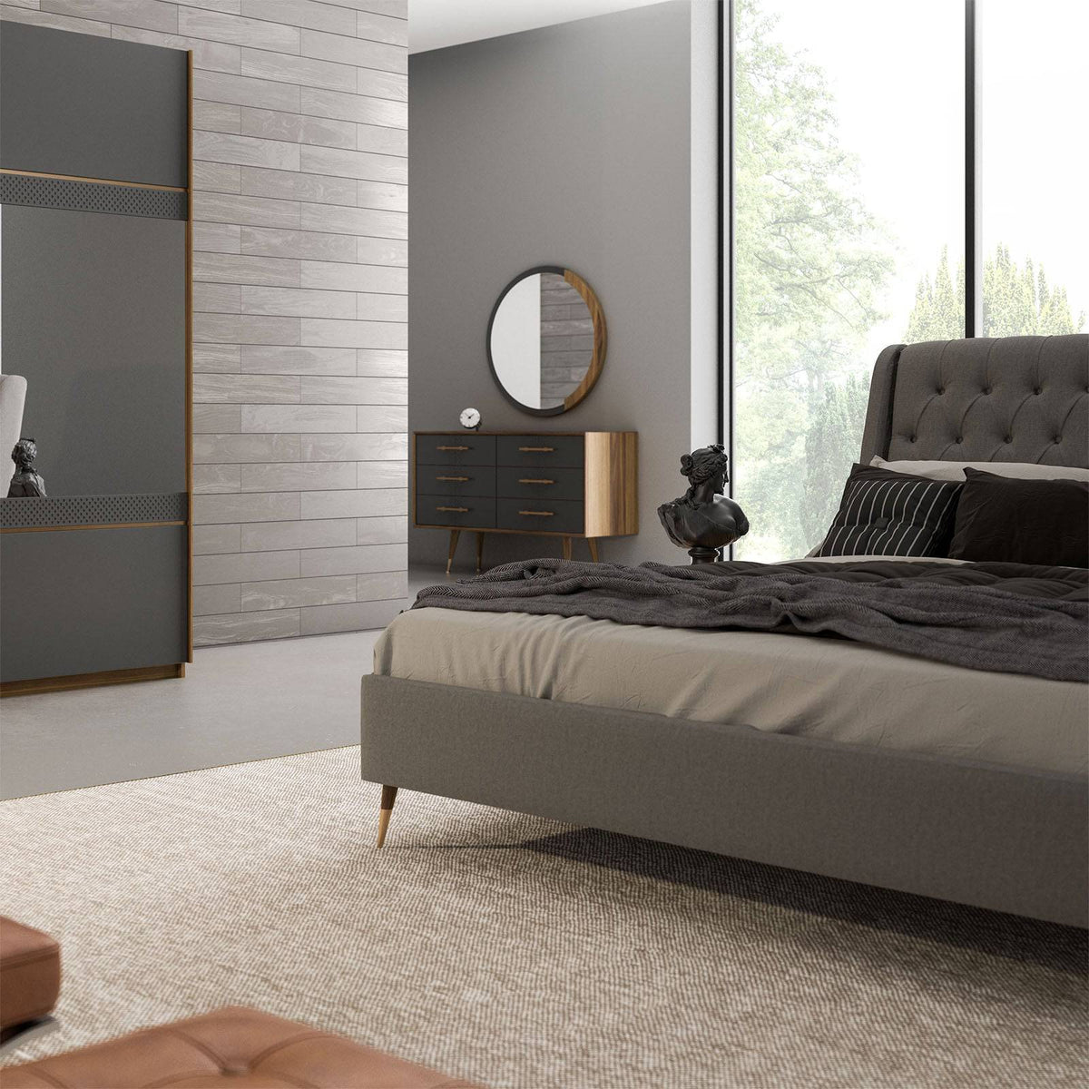 Display piece of the Alvin full bed set by Nills Furniture Design, showcasing the bed's headboard and frame in a showroom setting.