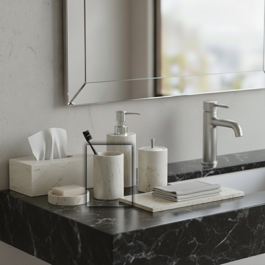 Dongshi round mouth cup from BEACON bathroom accessories, with a white ceramic design and round opening for rinsing or drinking.