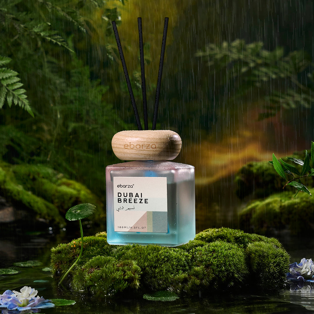 Dubai Breeze Charming Nordic Pine 180ml stick diffuser by M&SENSE features natural pine aroma in a sleek glass container.