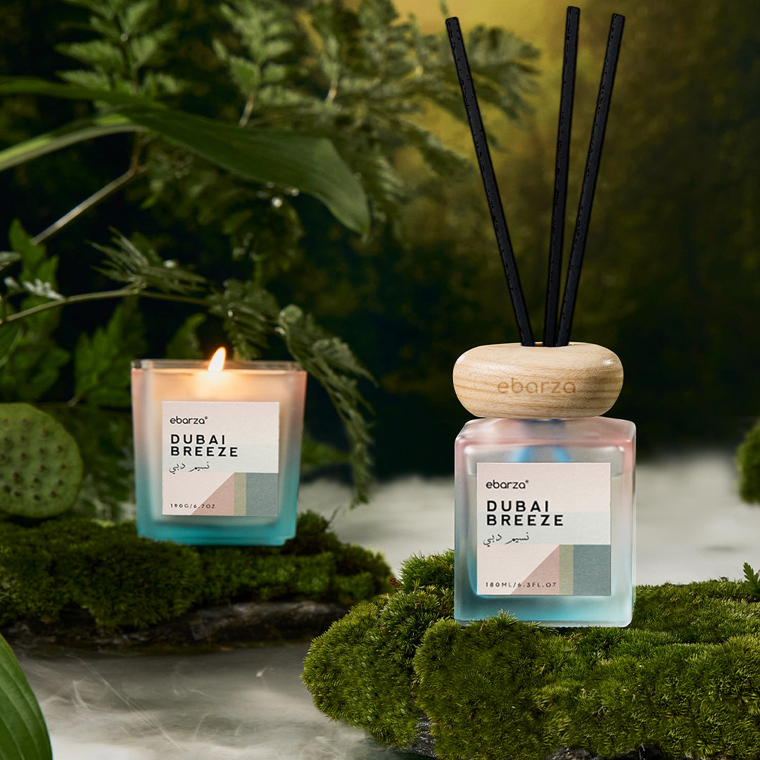 Dubai Breeze scented candle by M&SENSE in Nordic Pine scent, 190g with a glass jar and minimalist design.