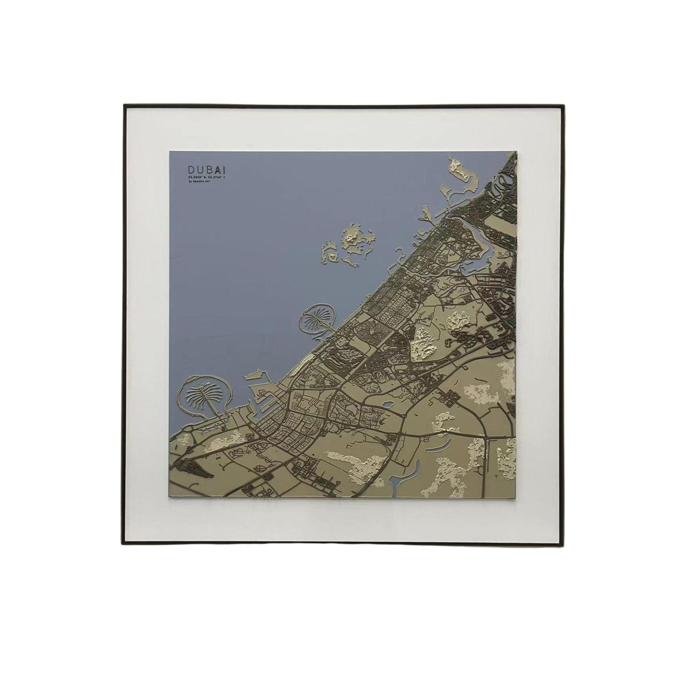 Handmade Dubai map painting on canvas, 140x140 cm, detailed cityscape artwork by BEACON, perfect for home or office decor