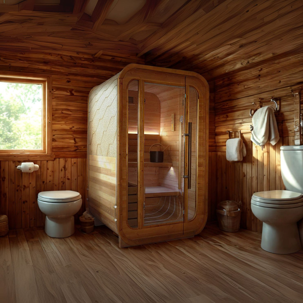 BEACON EBARZA indoor/outdoor sauna room LM-BR200TD with glass door and wooden interior, designed for home and outdoor relaxation.