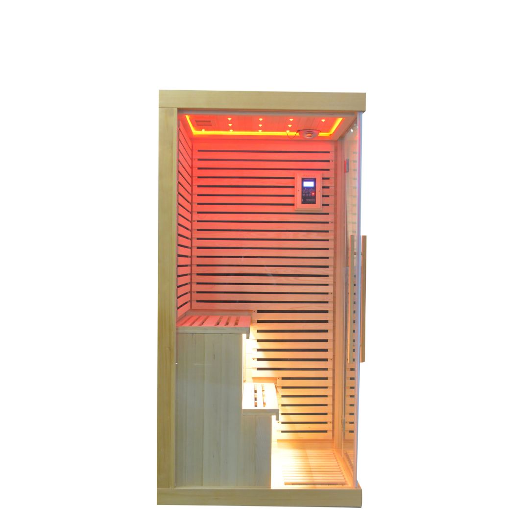 BEACON EBARZA Sauna Room LM-N02IR with glass door and wooden interior, designed for home wellness and relaxation.