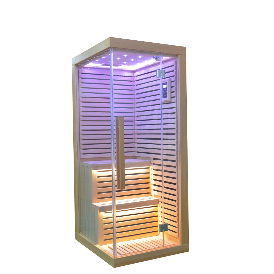 Ebarza Sauna Room LM-N02IR by Beacon, modern sauna with glass panels and wooden interior for relaxation and wellness.
