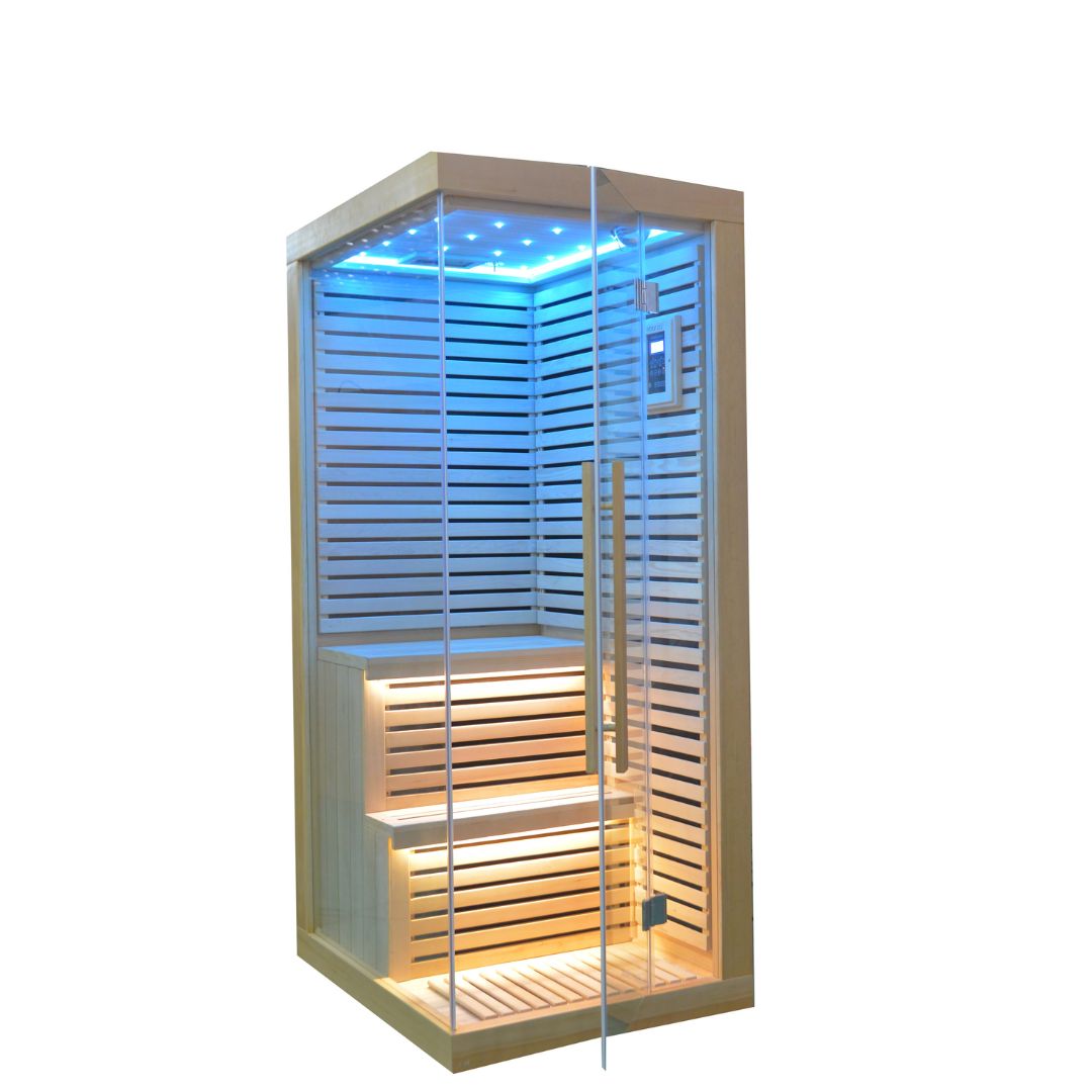 BEACON EBARZA sauna room LM-N02IR with wooden interior and infrared panels, designed for home sauna relaxation.