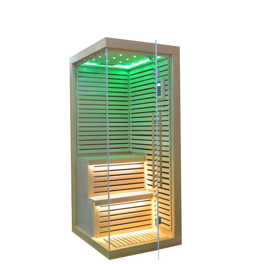 BEACON EBARZA sauna room LM-N02IR with glass panels and wooden interior, designed for relaxing home sauna experiences
