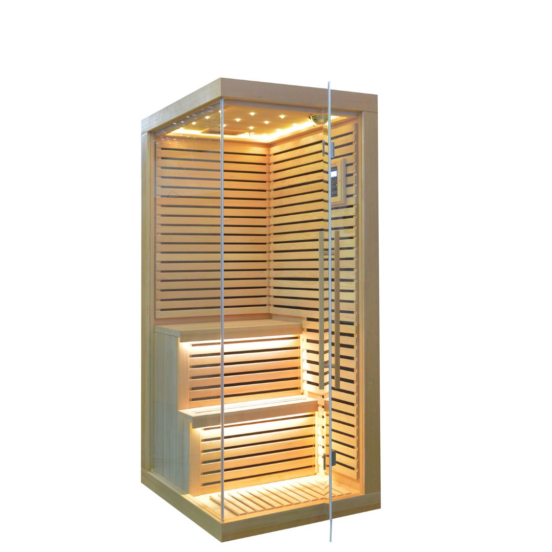 BEACON EBARZA LM-N02IR sauna room with wooden interior, glass door, and infrared panels for relaxing heat therapy.