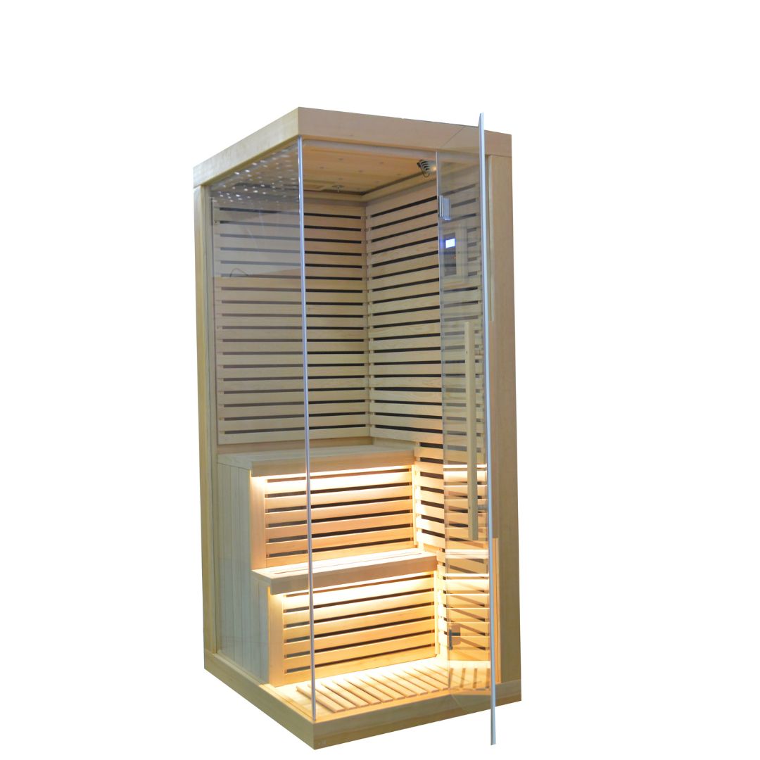 Sauna room by BEACON, model LM-N02IR, featuring wooden interior panels and glass door for relaxation and wellness.