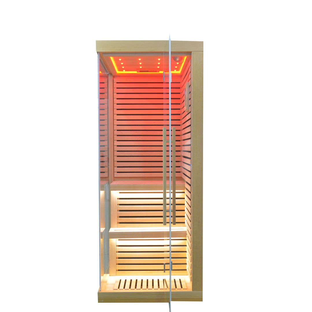 Ebarza LM-N02IR sauna room by Beacon, featuring glass panels and wooden interior for relaxing home spa sessions