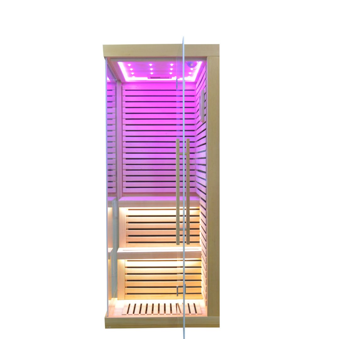 EBARZA Sauna Room LM-N02IR by BEACON, featuring wooden interior, bench seating, and infrared panels for relaxing sauna experience.