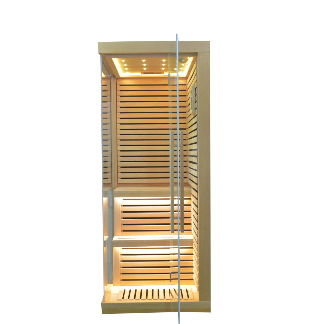 BEACON EBARZA Sauna Room LM-N02IR with glass doors and wooden interior, designed for home relaxation and wellness.