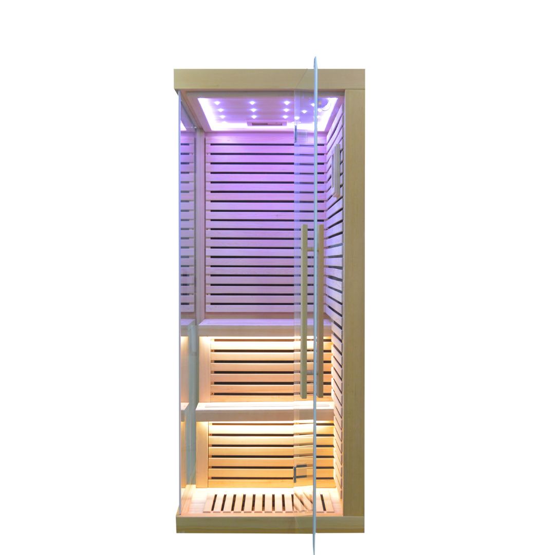 BEACON EBARZA Sauna Room LM-N02IR with glass panels, wooden interior, and control panel for relaxing home sauna experience.
