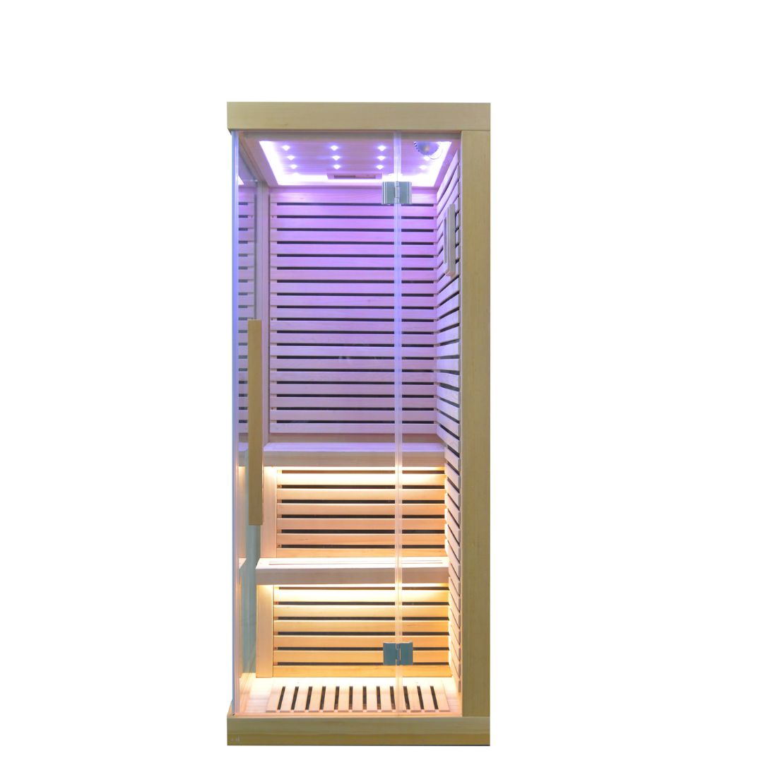 BEACON EBARZA Sauna Room LM-N02IR with glass door and wooden interior, designed for home relaxation and wellness.