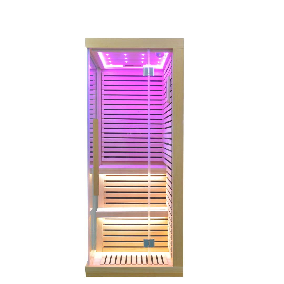 BEACON EBARZA LM-N02IR sauna room with glass doors and wooden interior, designed for home relaxation and wellness.