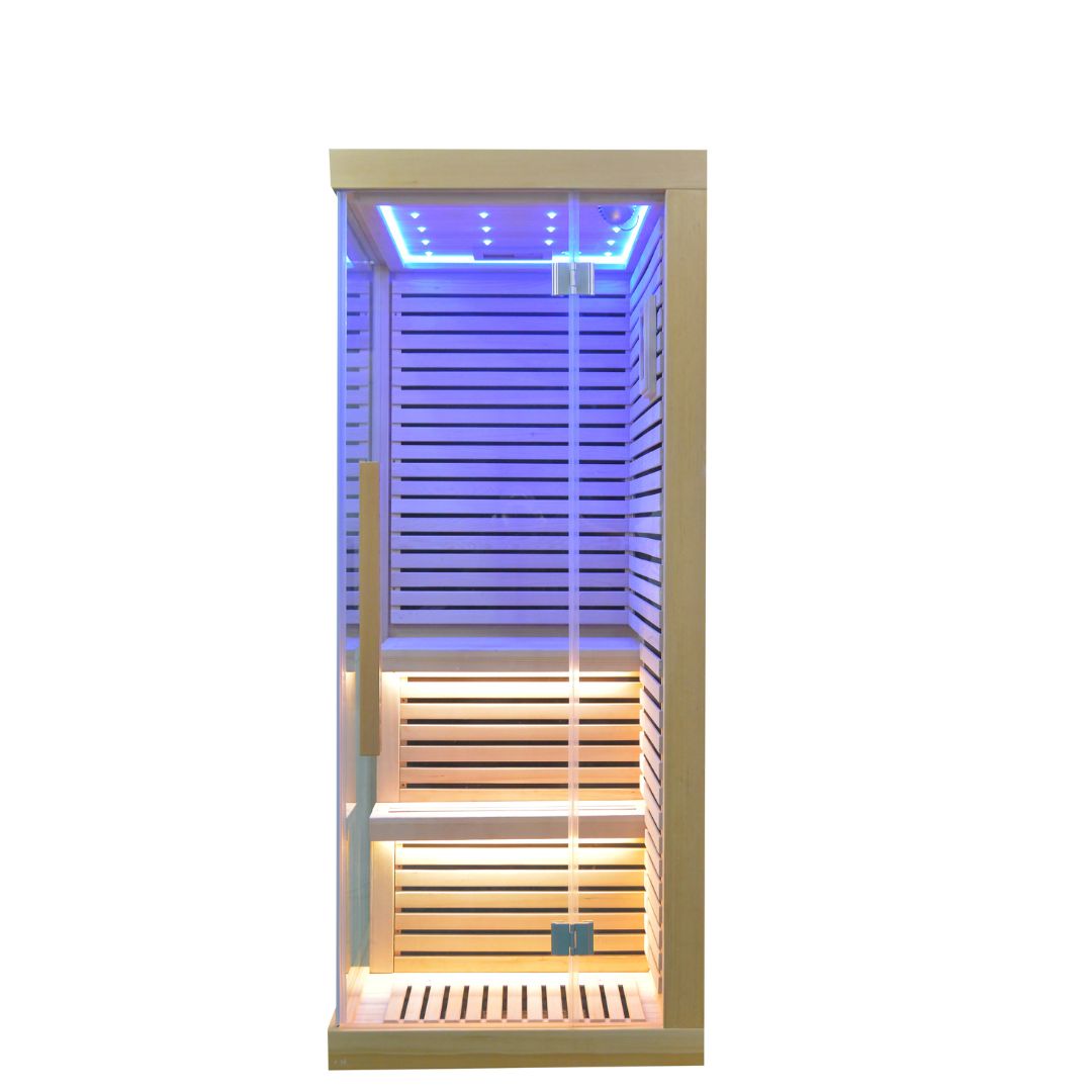 BEACON EBARZA LM-N02IR sauna room with glass panels and wooden interior for relaxing spa experiences.